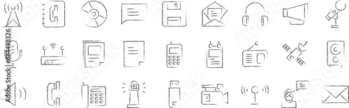 Telecommunications equipment hand drawn icons set, including icons such as Antenna, Email, Headphones, Mail, Modem, Radio, and more. pencil sketch vector icon collection