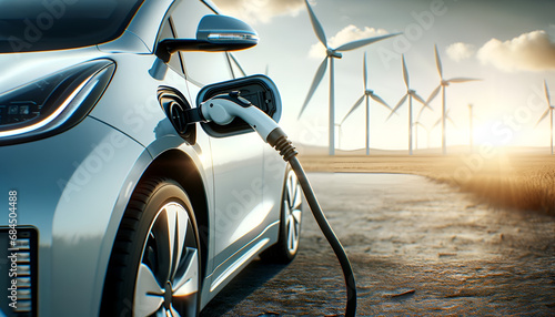 An Electric car recharges at an EV Power point with solar or wind power in the background.