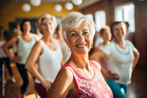 Middle aged smiling woman express active lifestyle through Zumba dance class