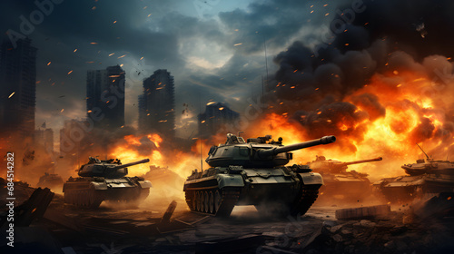 Group of main battle tanks with a city on fire on the background. One tank firing a shell from the barrel. Military or army special operation. generative ai.