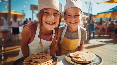 Two close up cheerful smiling middle school girls at culinary show making pancakes on sunny day party outdoor celebration together