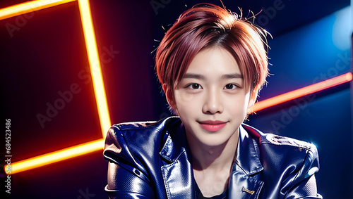 portrait of a beautiful smiling handsome Korean man like a K-pop idol, stage background with spotlight lighting