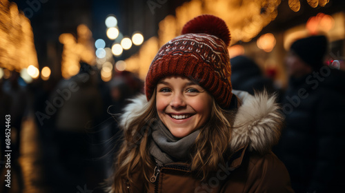Close-up Portrait of an happy long hair girl with a red bobble cap and a scarf with a blurry night street and lights in background