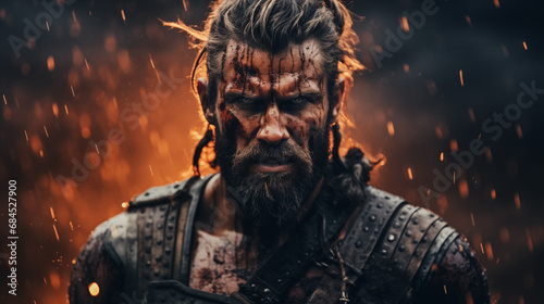 Warrior with face scars standing before a fiery background.