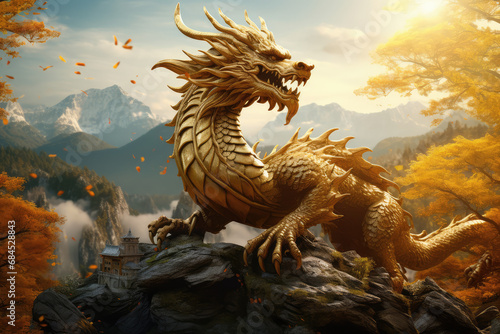 Golden dragon with nature background, happy lunar new year 2024 
