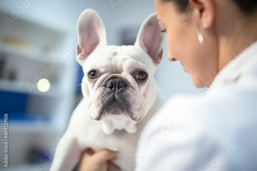 Veterinarian examining a white French Bulldog, focus on dog's face with blurred background.