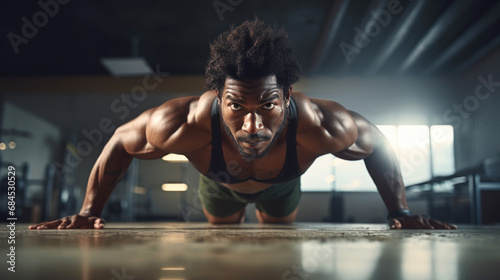 A black afro-american athlete with healthy muscular body doing pushups in a gym while sweating and improving his physical body form