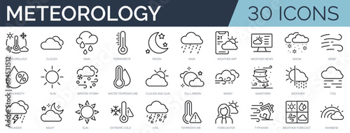 Set of 30 outline icons related to weather. Linear icon collection. Editable stroke. Vector illustration