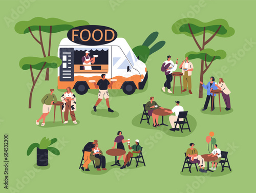 Food truck with street snacks outdoors. Tiny people eating at cafe van. Characters sitting and standing at tables in nature, park. Relaxing on summer holiday, weekend. Flat vector illustration
