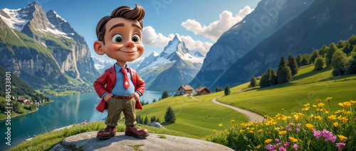Young Swiss Toon: A Joyful Alpine Adventure with a Cartoonish Twist in the Scenic Swiss Landscape.