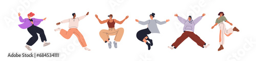 Happy people jumping set. Excited joyful young characters with positive energy, emotions. Cheerful active men, women flying up with joy, fun. Flat vector illustrations isolated on white background