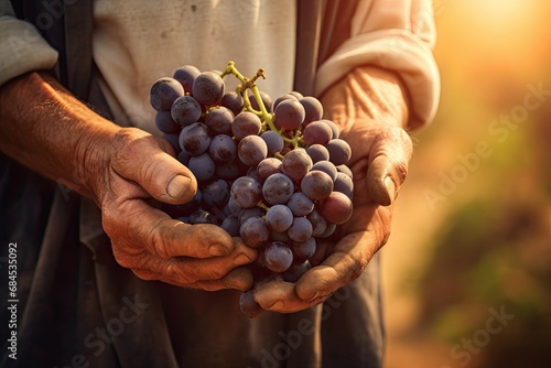 In a rural vineyard, a mature farmer's hands expertly pick ripe grapes, symbolizing the essence of viticulture.