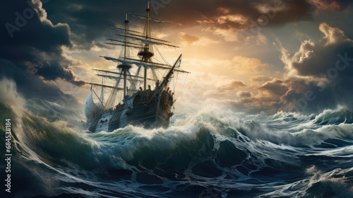 vintage sailing ship with the bow of the ship in the middle of the sea with a storm , big waves with foam, and beautiful clouds created with Generative AI Technology