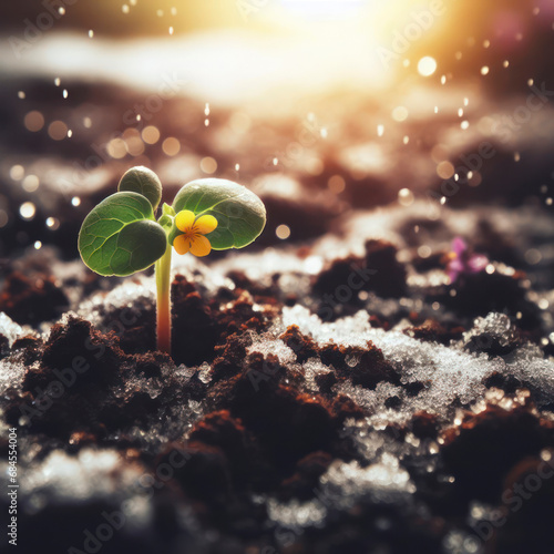 young sprout growing in the soil with little blooming flower, ground with snow. ai generative