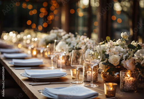 Beautiful flowers decorated on the table. Tables set for an event party or wedding reception. luxury elegant table setting dinner in a restaurant. glasses and dishes. Fancy moment fancy time.