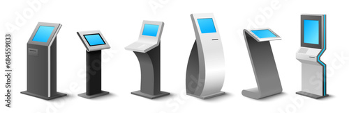 Different self-service kiosk to order and payment online realistic mockup set