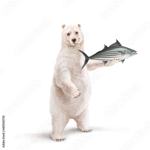 illustration d'un ours polaire qui tiens un poisson bonite à ventre rayé dans sa main avec un e écharpe 