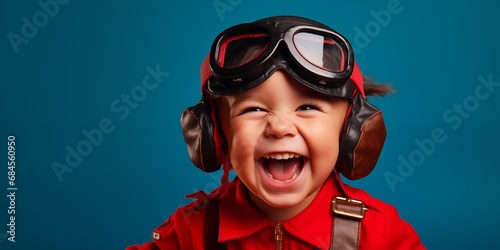 A vibrant image of a young boy pretending to be a pilot, wearing goggles and a makeshift uniform