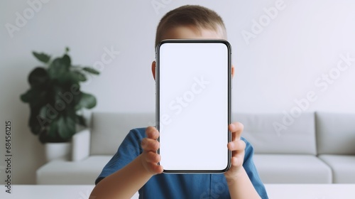 Excited child with smartphone photo realistic illustration - Generative AI.