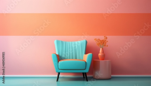 A Tranquil Blue Arm Chair Against a Vibrant Pink and Orange Wall. A blue chair sitting in front of a pink and orange wall