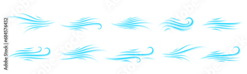 Doodle wind gradient set. Air wind motion, air blow, swirl elements. Blowing motion. Transparent effect