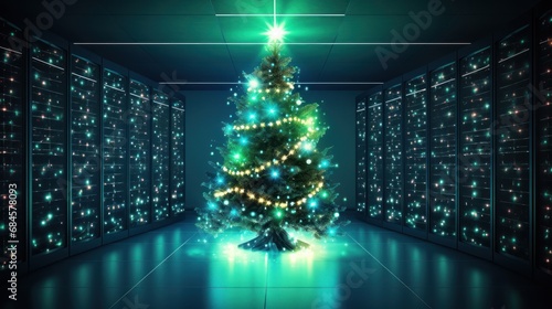 Server room stands a Christmas tree made of fiber optic cables, wallpaper, background