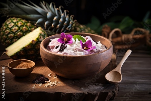 A traditional Hawaiian dish, Poi, made from the fermented root of the taro plant, served in a wooden bowl with a spoon, accompanied by fresh tropical fruits on a rustic table