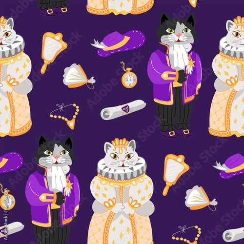 Pattern of a cat and a kitty in retro costumes for the ball. The outfits of the queen and the courtier of the 19th century. Animals in ballroom outfits and objects Necklace, letter, hat, mirror, watch