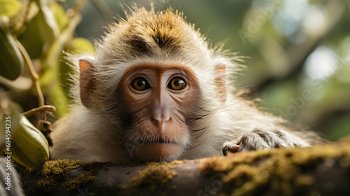Close up shot of lying relaxed monkey watching careful. Macaque in sacred ubud monkey forest sanctuary,generated with Ai