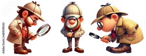 A set of 3 cartoon detectives searching for clues on a transparent background