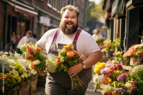 A fat male florist in an apron stands behind the counter in a flower shop