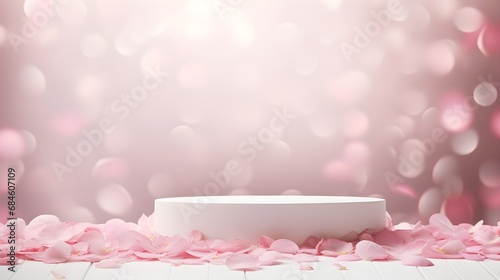 Empty stone pedestal with spring petals background. Modern product display. Minimal mockup template.