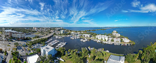 Aerial view of the Indian River, yacht harbor, and historic downtown Melbourne along Florida's Space Coast in Brevard County