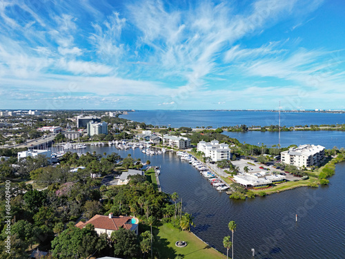 Aerial view of the entrance to Crane Creek from the Indian River which leads to the yacht harbor in historic downtown Melbourne along Florida's Space Coast in Brevard County