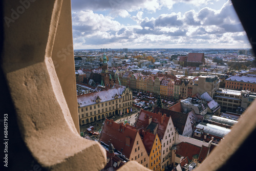 Panoramic view to Wroclaw from St Elizabeth church tower in Wroclaw, Poland. Best viewpoint in Wroclaw. Wroclaw roofs from above.
