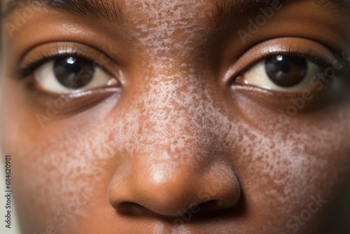 Woman with atopic eczema, close-up on cheek face, skin problem 