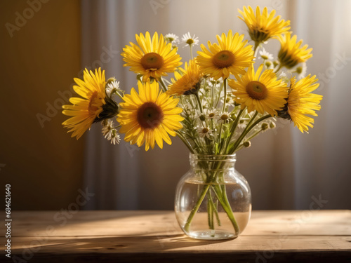 Sunflowers in glass vase on table in morning sun generated by AI