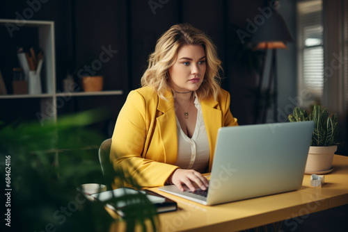 a plump woman of plus-size, a manager, in yellow business clothes is sitting at a table with a laptop in a modern office, the concept of diversity