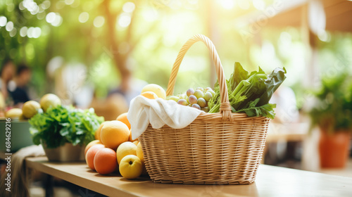 A basket full of fruits and vegetables at greenery market. Healthy lifestyle and nutrition. Organic products store. Organic vegetables at greenmarket. Homegrown fresh bio products at farmers market.