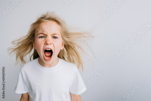 Portrait of a cute kid, girl, screaming, white and neutral teeshirt and background, fear, anger