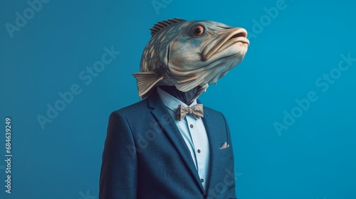 human body whith fish head wearing suit blue background.Generative AI