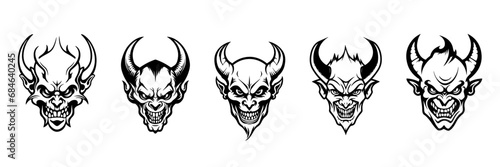 set Silhouette demon face icon. Vector illustration design. tattoo and t-shirt design black and white hand drawn horned devil head face Demon head, Devil horn mask Scary mask isolated sticker