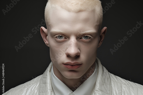 Handsome young man with albinism skin condition - albino - pale skin - white skin - red lips - short hair - white fashion wear - dark background