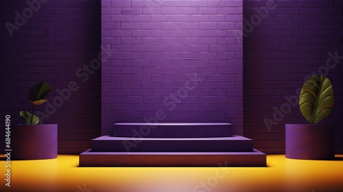 Exhibition podium for a variety of goods in Purple and Yellow colors against a vegetation background
