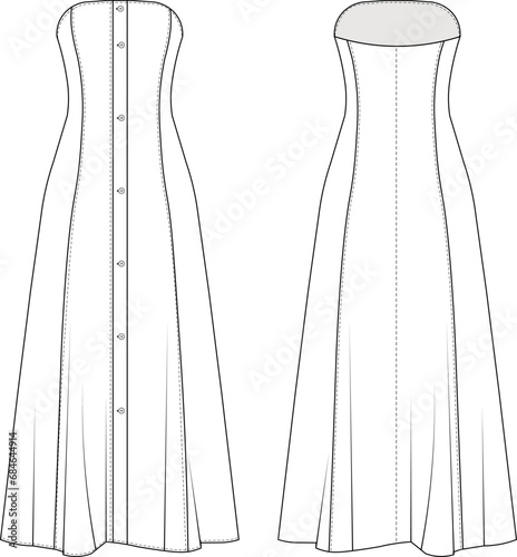 strapless sleeveless flared a line long maxi dress template technical drawing flat sketch cad mockup fashion woman