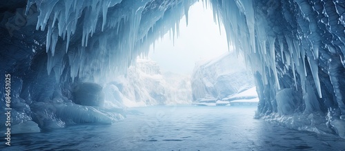 An icy frame on Olkhon Island made of stalactites in a Baikal ice cave copy space image