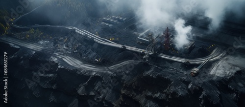 Bird s eye view of a belt carrying coal near a power plant aerial perspective of coal mining copy space image