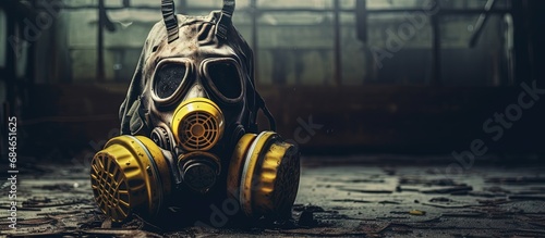 Contaminated gas mask in deserted Chernobyl school within exclusion zone copy space image