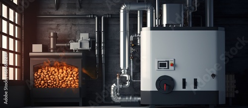 Biomass heating systems produce renewable heat for a sustainable future utilizing pellet boilers copy space image