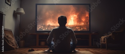 A man on the sofa in his living room is stunned by breaking news showing war or protest copy space image